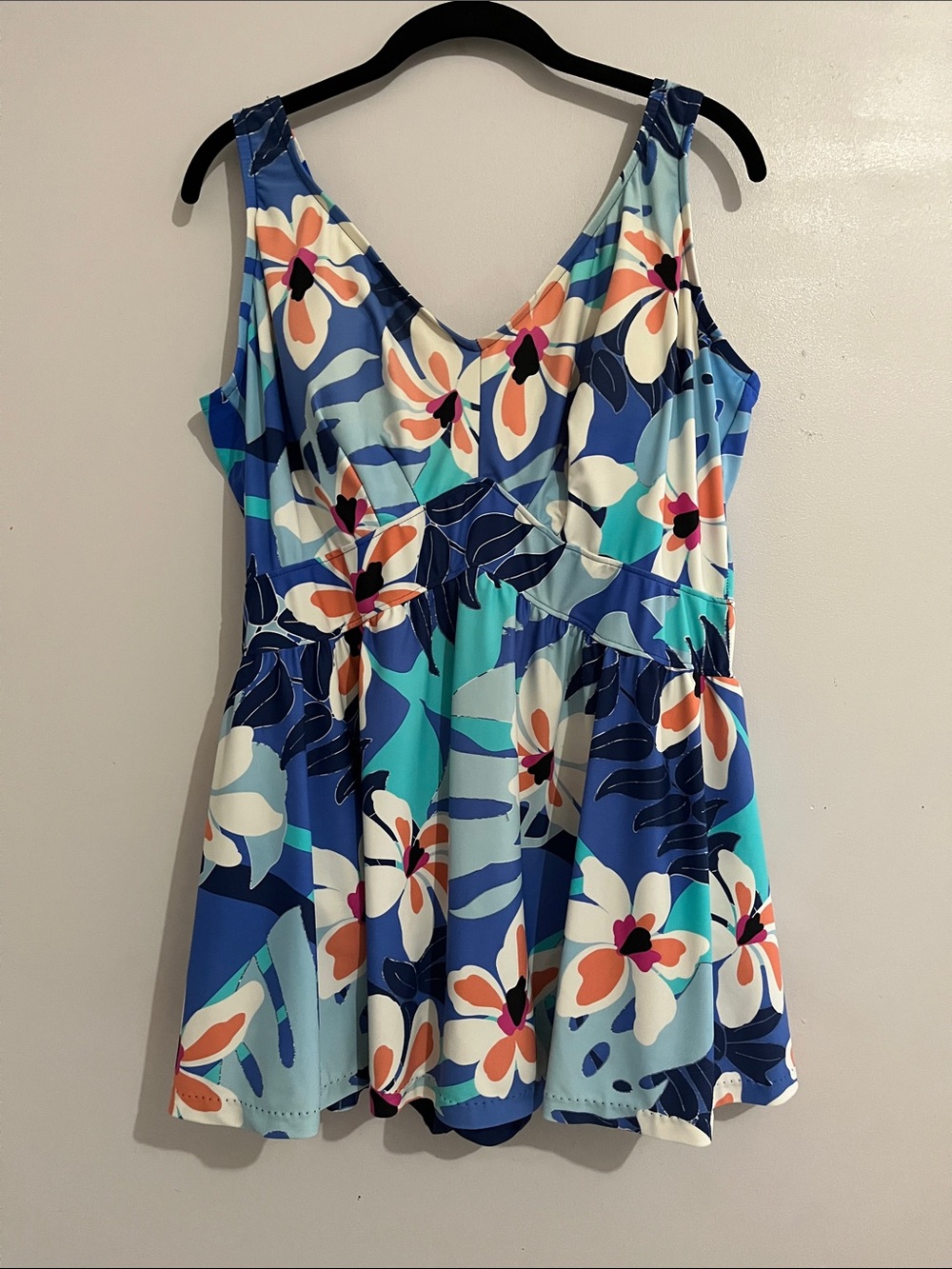 Floral V-Neck Sleeveless Women's Swim dress in Blue and orange size 20W
